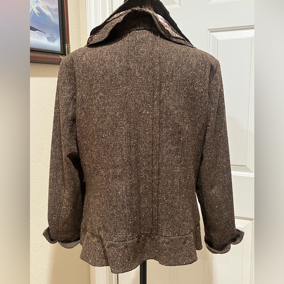 COLDWATER CREEK BROWN TWEED RUFFLED COLLAR PEPLUM,OFFICE SIREN JACKET SIZE 16. - Picture 4 of 12
